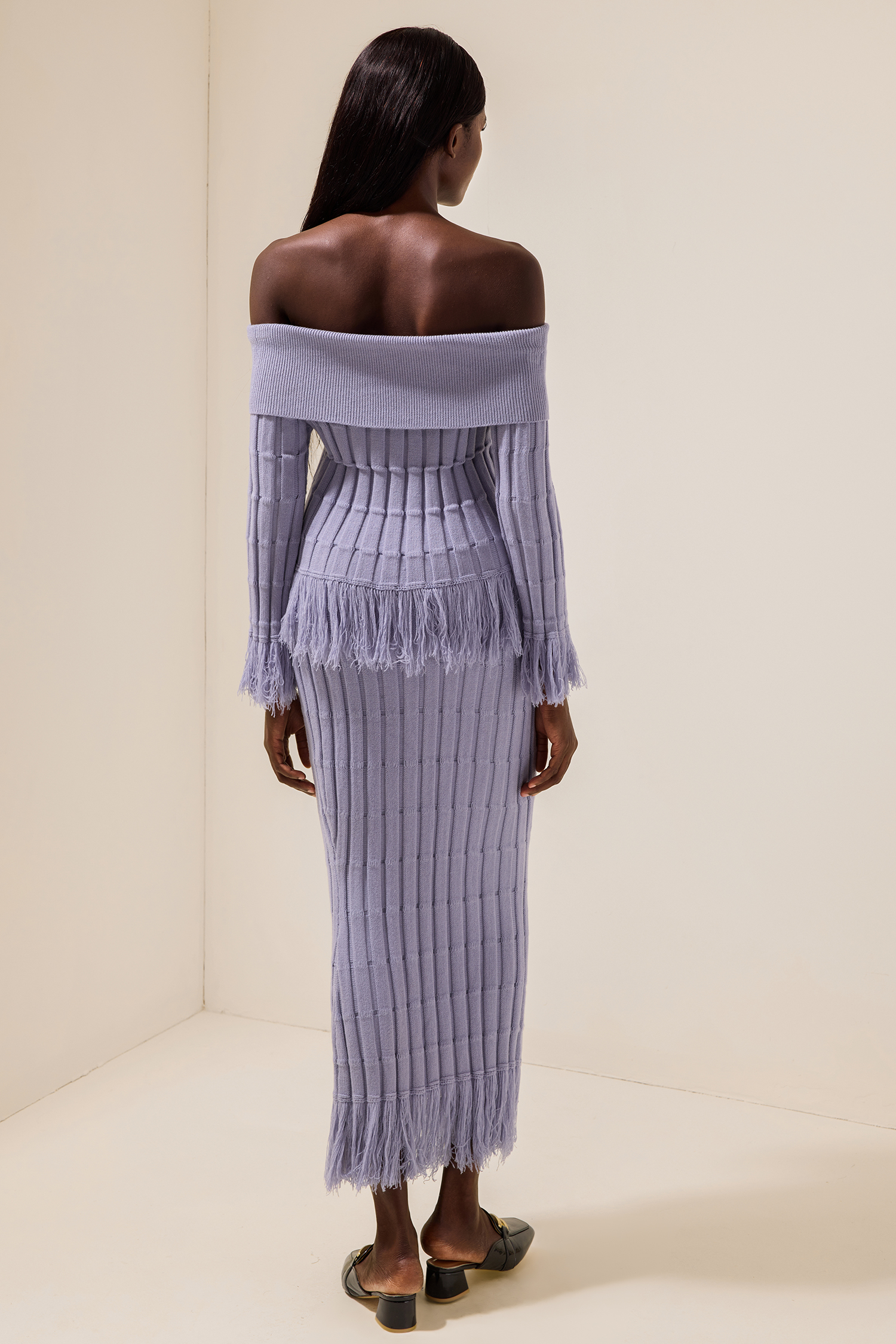 Jersey Off-Shoulder Long Sleeve Top & Tassel High Waist Midi Skirt Set