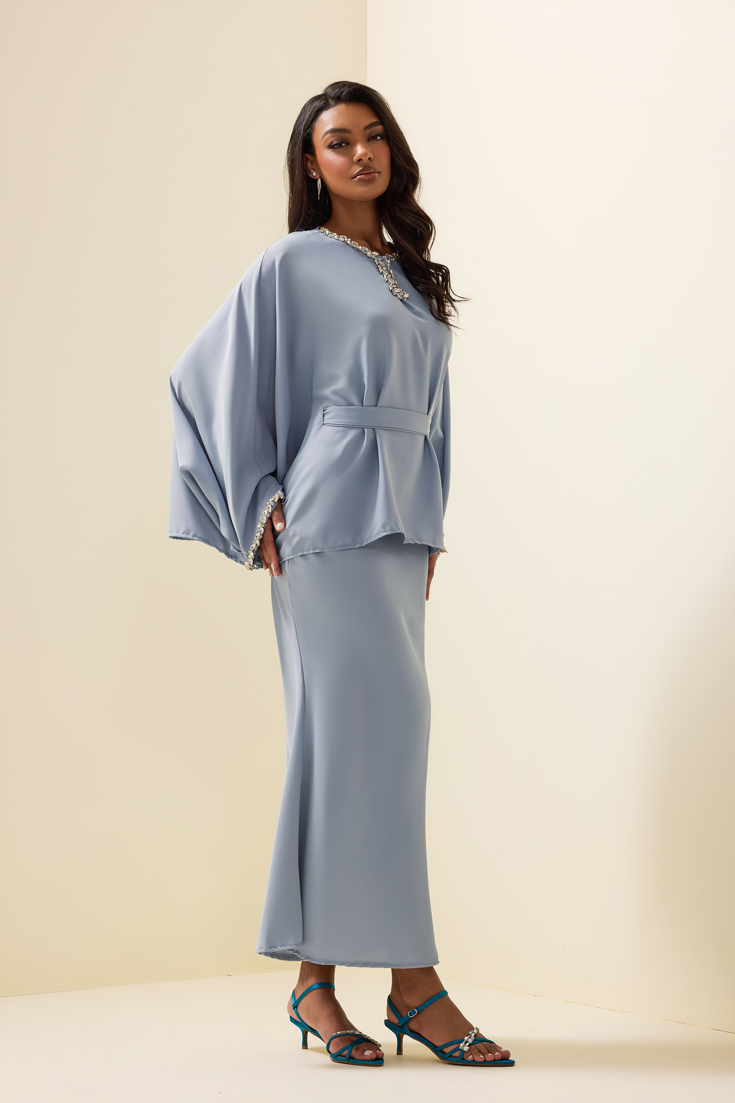 Rhinestone Solid Top ＆ High Waist Solid Midi Skirt Set