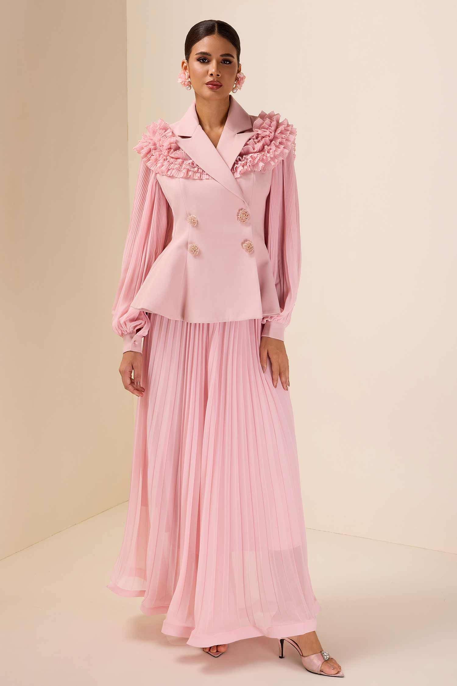 Frill Tailored Collar Pleated Top & Maxi Skirt Set