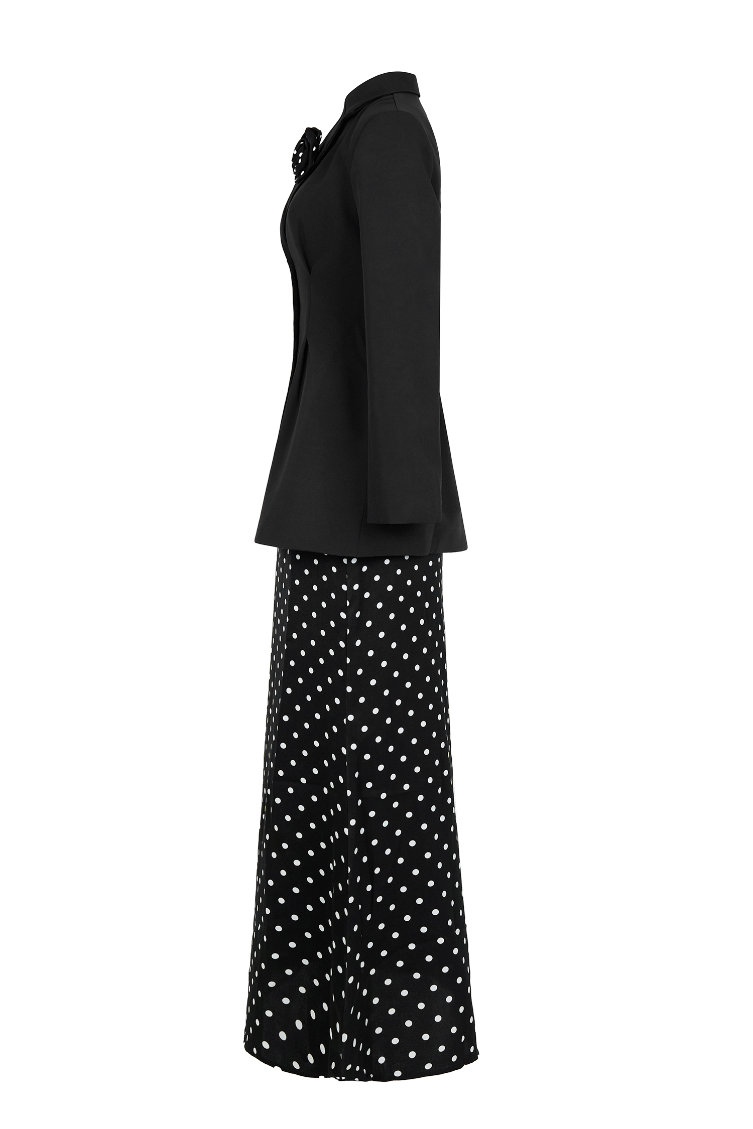 3D Flower Kerchief Blazer & Dots Midi Skirt Set