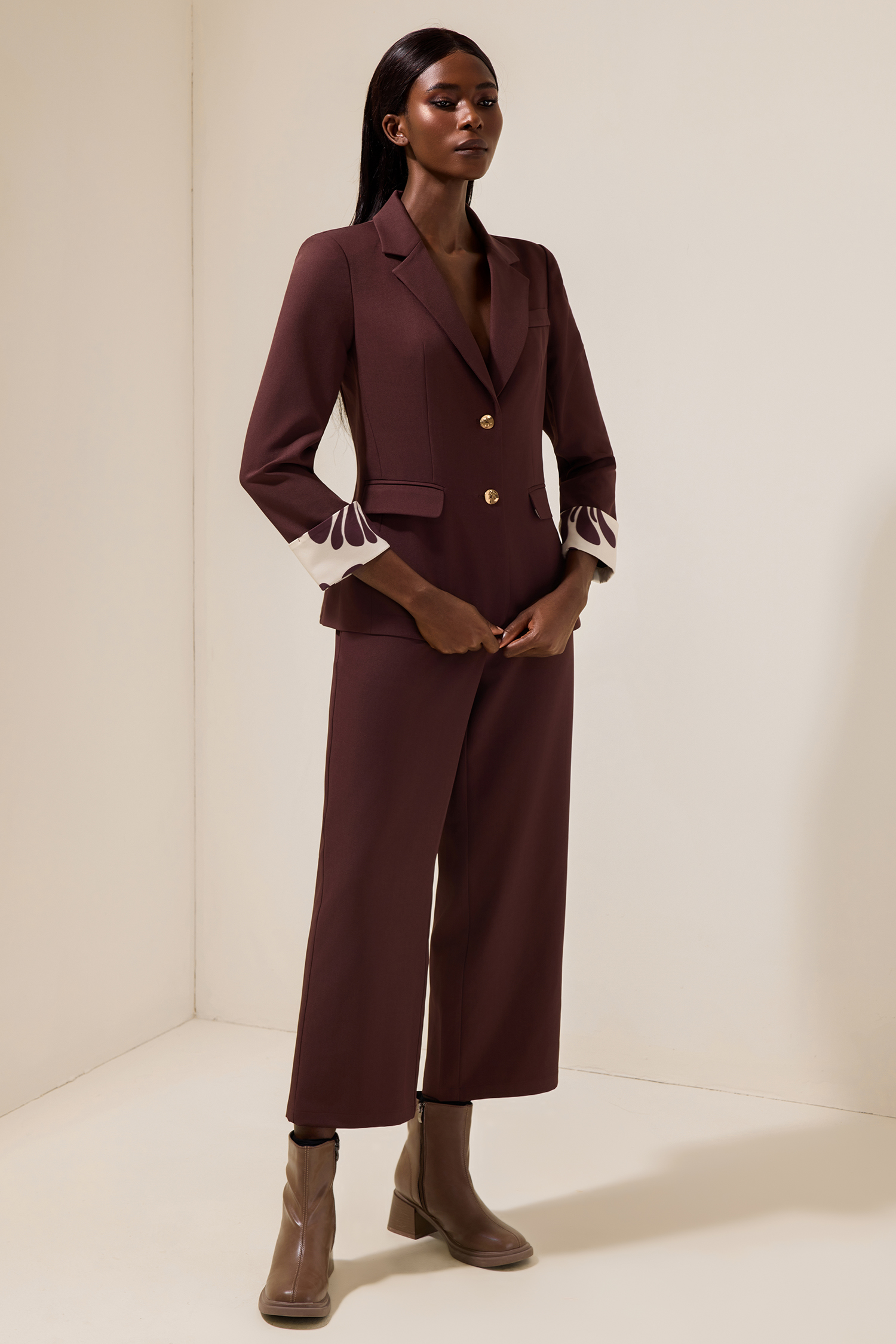 Metal Button Blazer & High Waist Pants Set With Belt