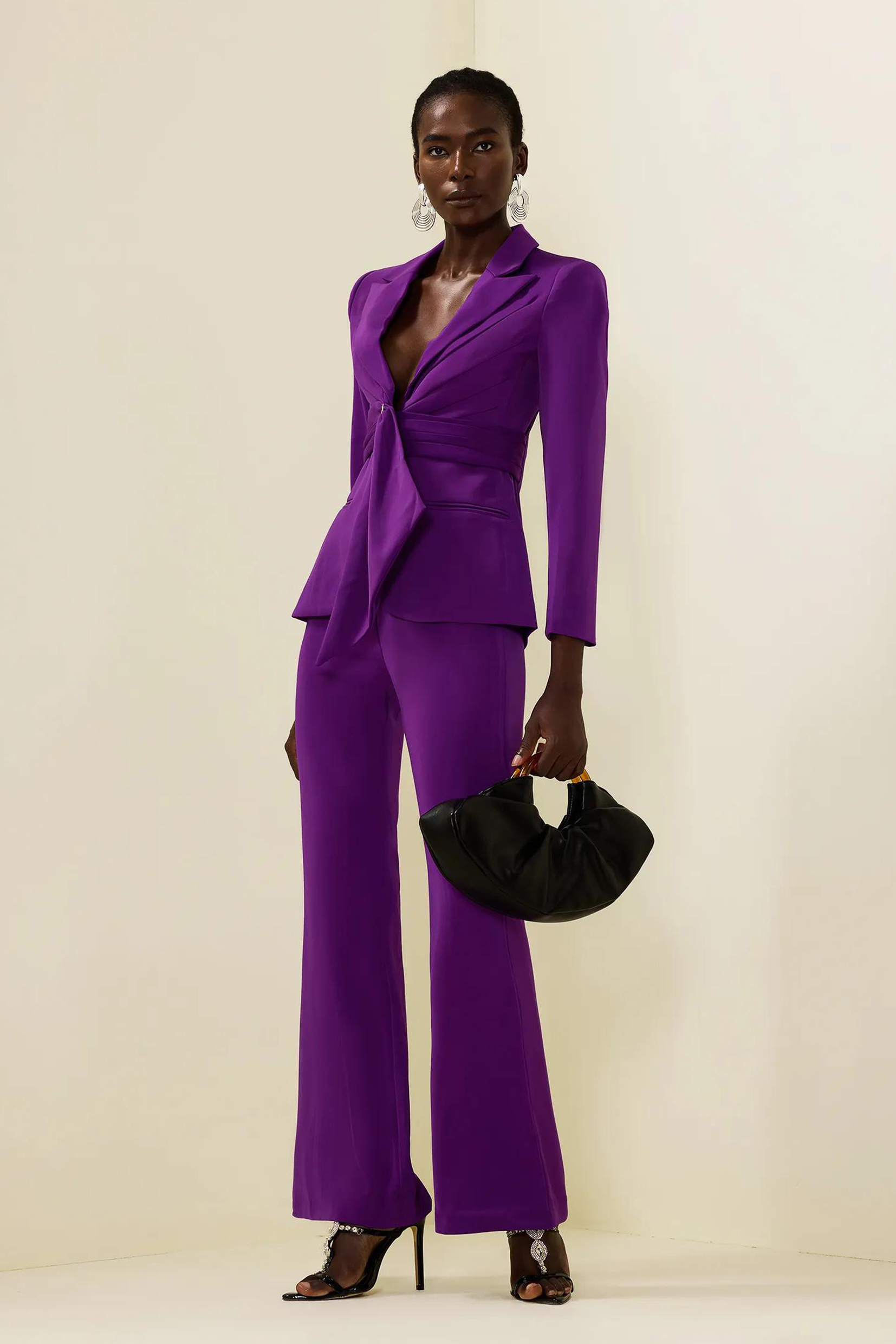 Solid Ruched Bottom Blazer ＆Mid Waist Solid Pants Set