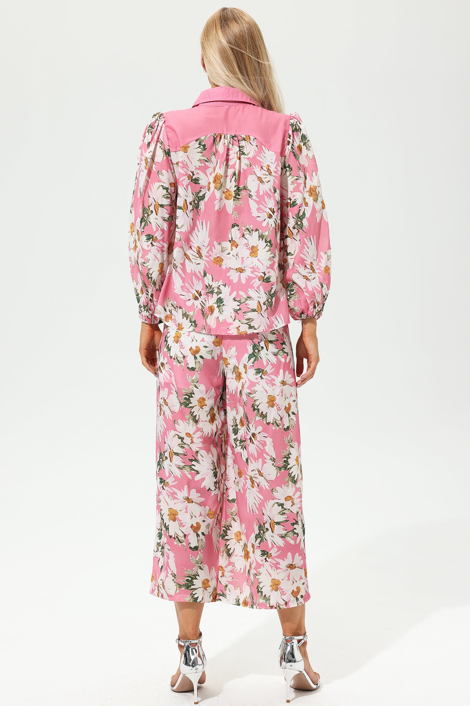 Floral Puff Sleeve Lapel Shirt & Long Wide Leg Pants Set