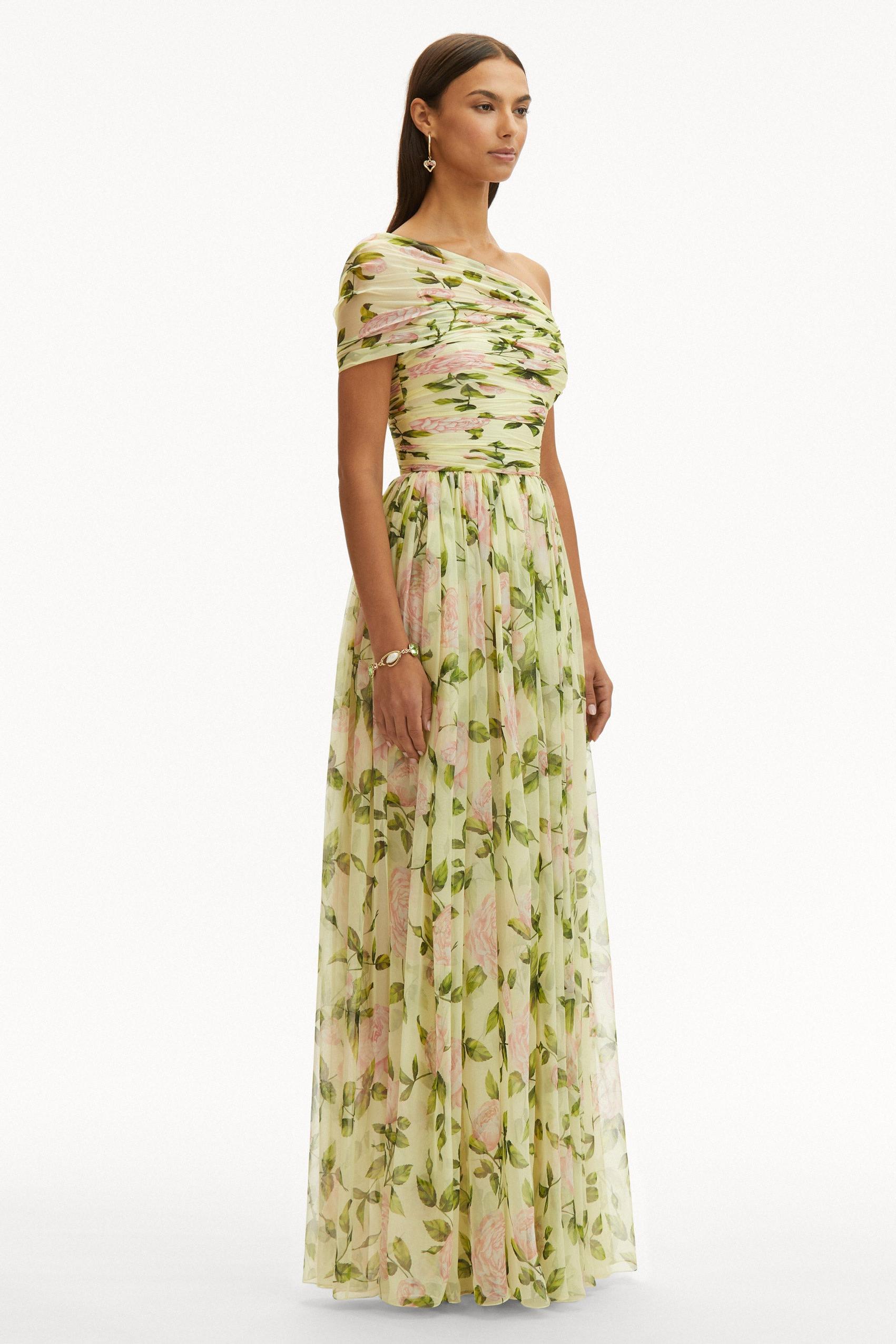 Floral Skew Collar Chiffon Maxi Dress