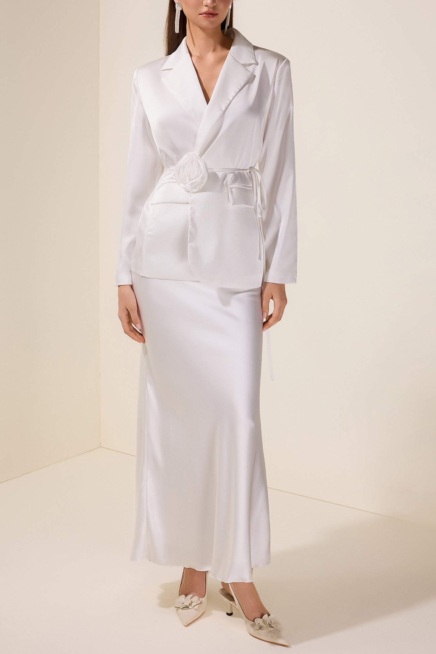 3D Flower Satin Blazer & High Waist Maxi Skirt set