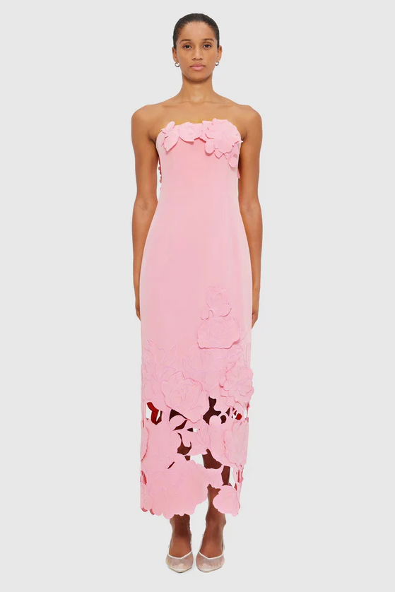 Off-Shoulder Floral Appliquéd Midi Dress