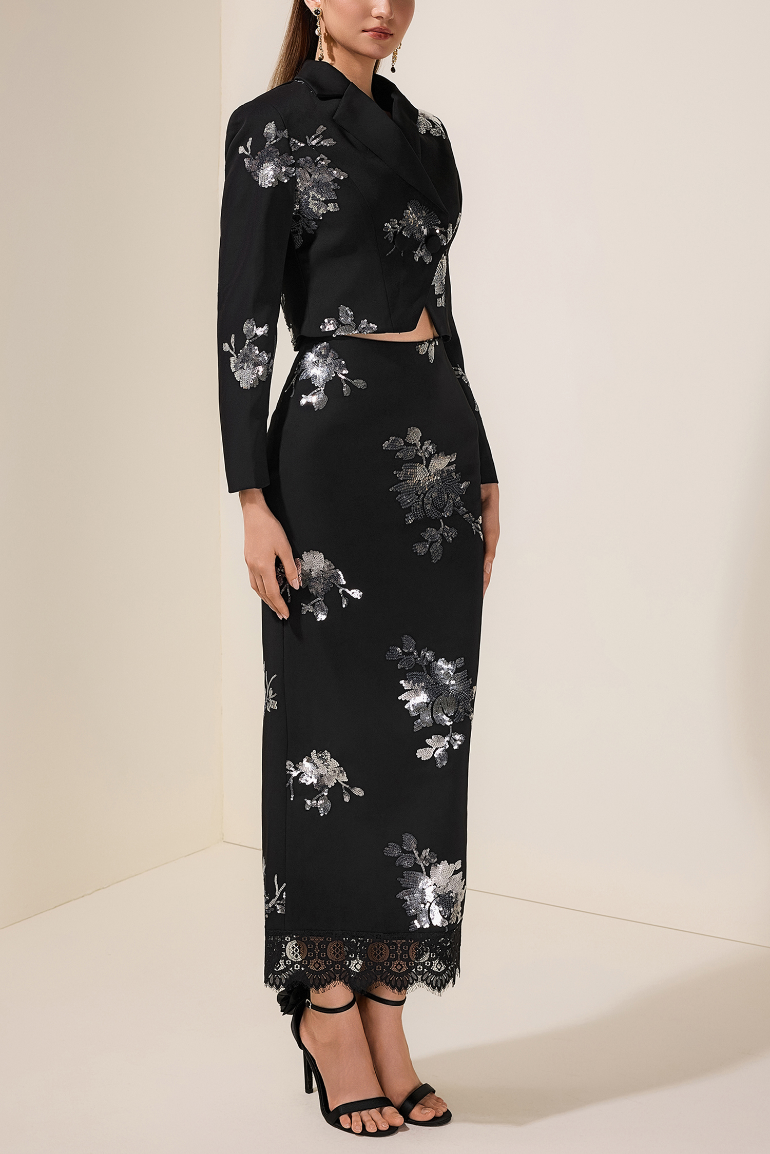 Sequin Floral Tailored Collar Blazer & High Waist Lace Midi Skirt Set