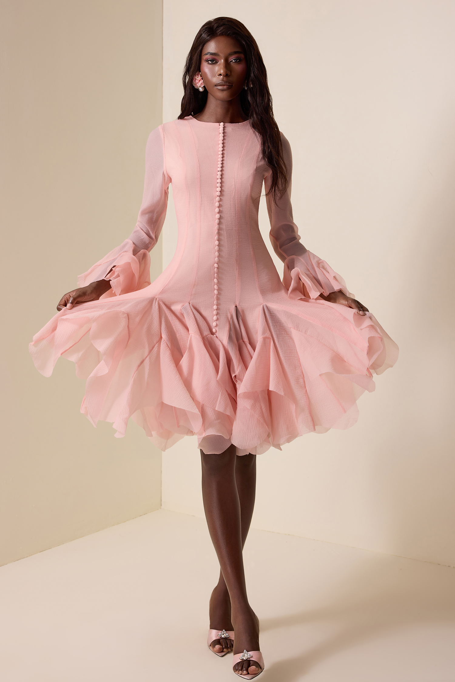 Solid Ruffle Bell Sleeve Midi Dress